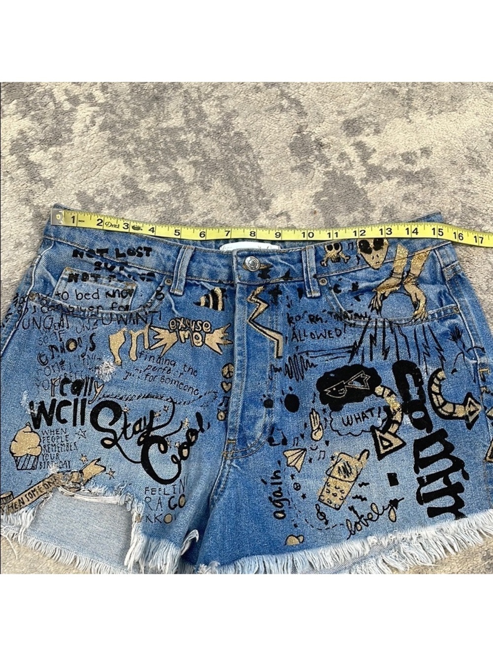 Zara Blue Denim Graffiti Jean Shorts with Black & Gold Accents - Picture 7 of 9